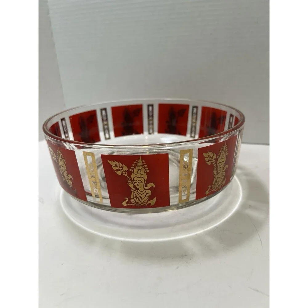 Vintage MCM Red Gold Thai Goddess Salad Serving Mixing Master Chip Bowl 22k